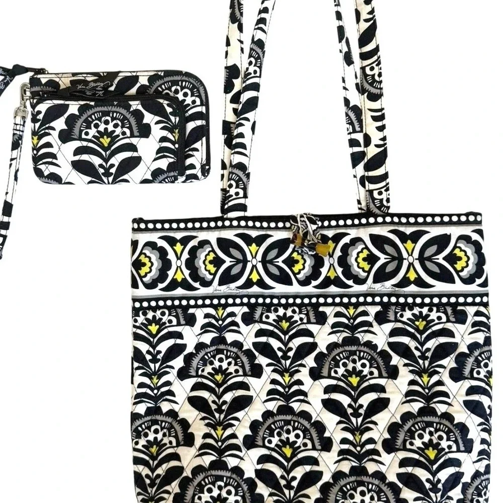 Vera‎ Bradley Tote and Wristlet Set Women Large Black White Floral Nightingale